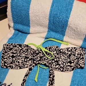 Black & White Floral Bikini Top with Neon Green Ties.